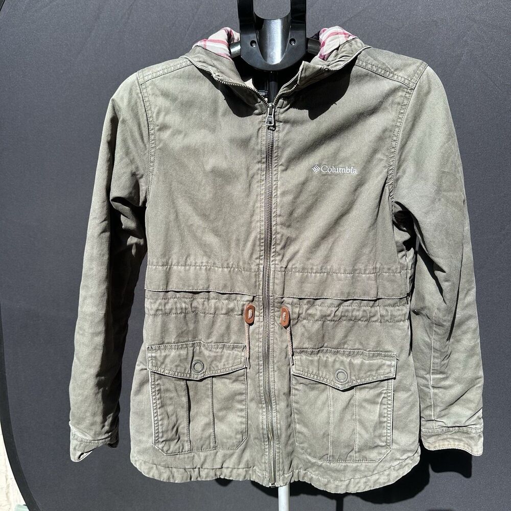 Columbia Womens S Olive Hooded Cotton Utility Jacket Plaid Hood